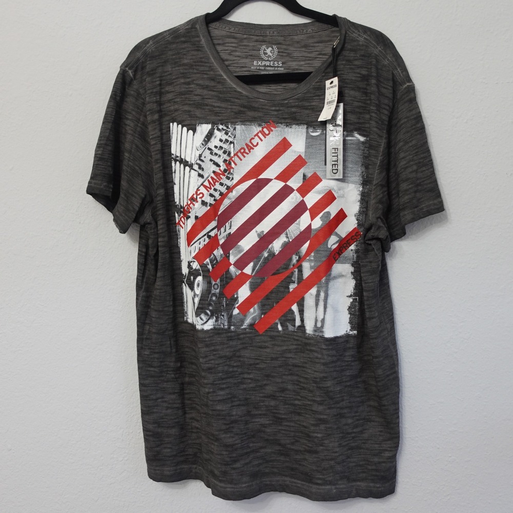 Deadstock Y2K Express Mens Fitted‎ Graphic Tee Charcoal Grey Space Dye Large NWT